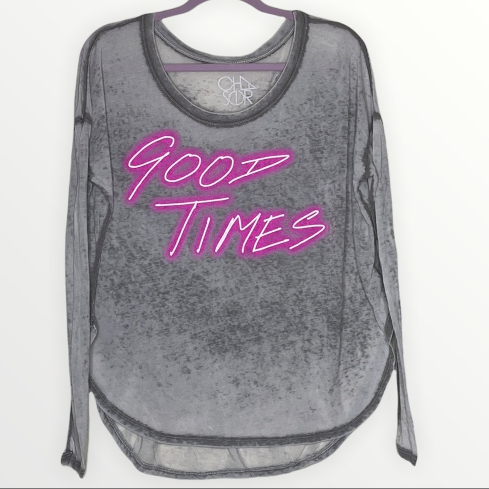 NEW Chaser "Good Times" Burnout Gray Neon Pink Long Sleeve Tee - Picture 2 of 3
